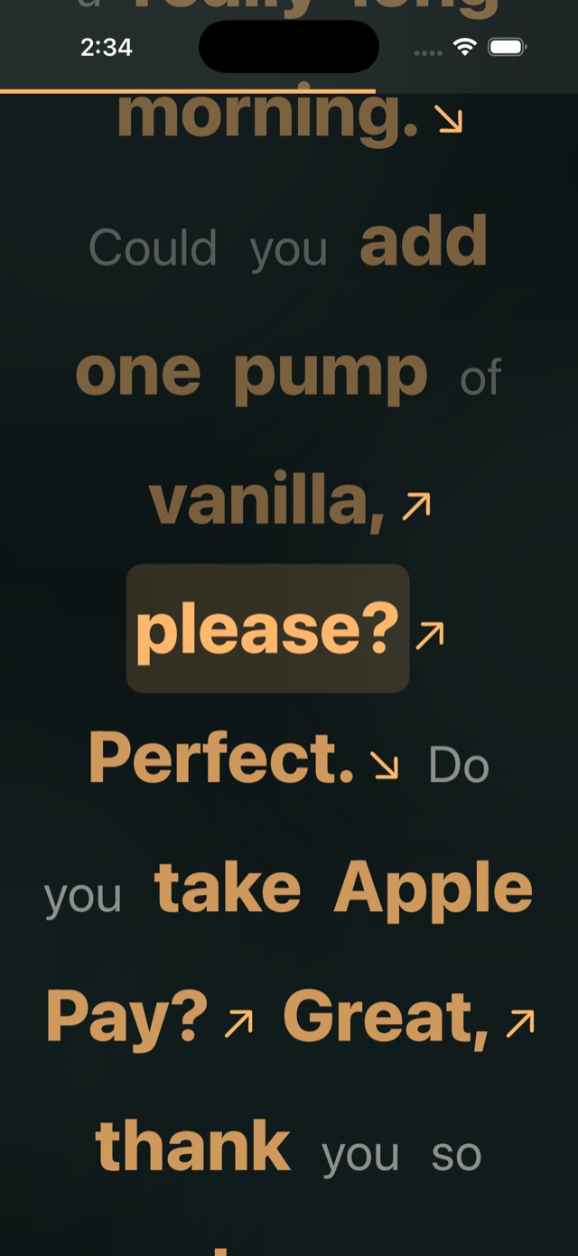 SayItLikeThat teleprompter with amber melody words highlighted